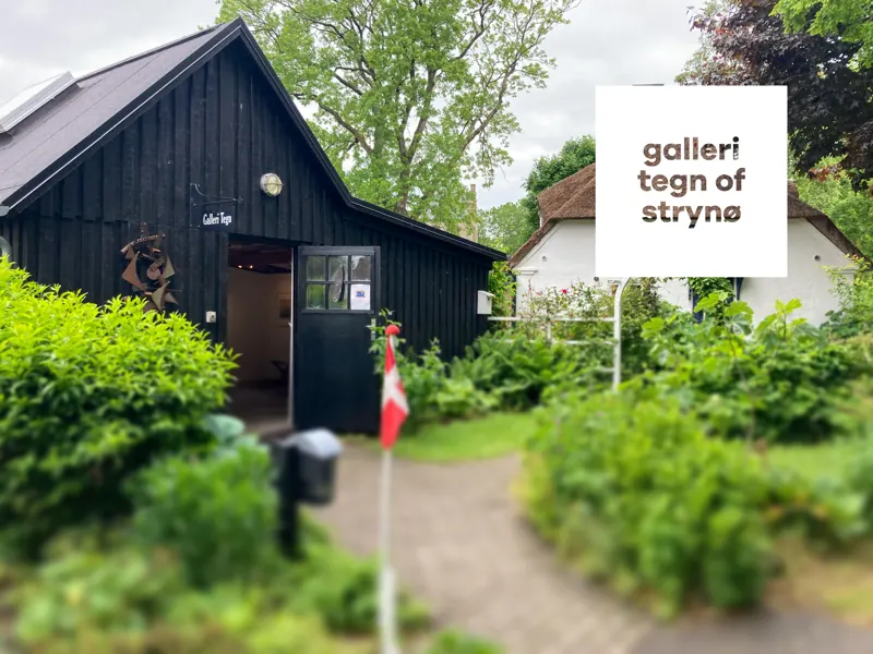 The black timber gallery building with its white Galleri Tegn sign, a Danish pennant and green garden in front