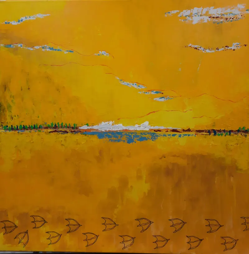 Yellow painted landscape with a flock of small birds along the lower edge