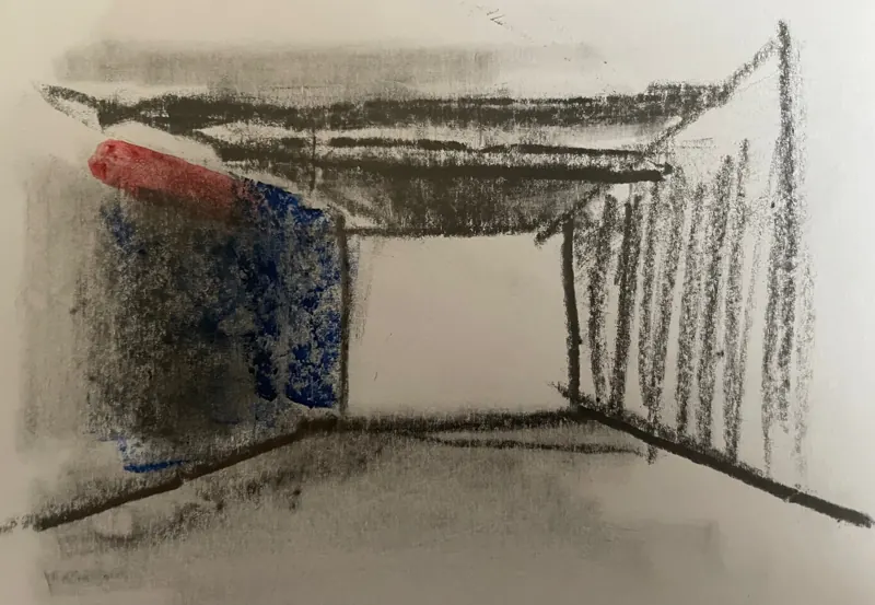 Charcoal drawing of a room seen in perspective, with a patch of blue on the left wall