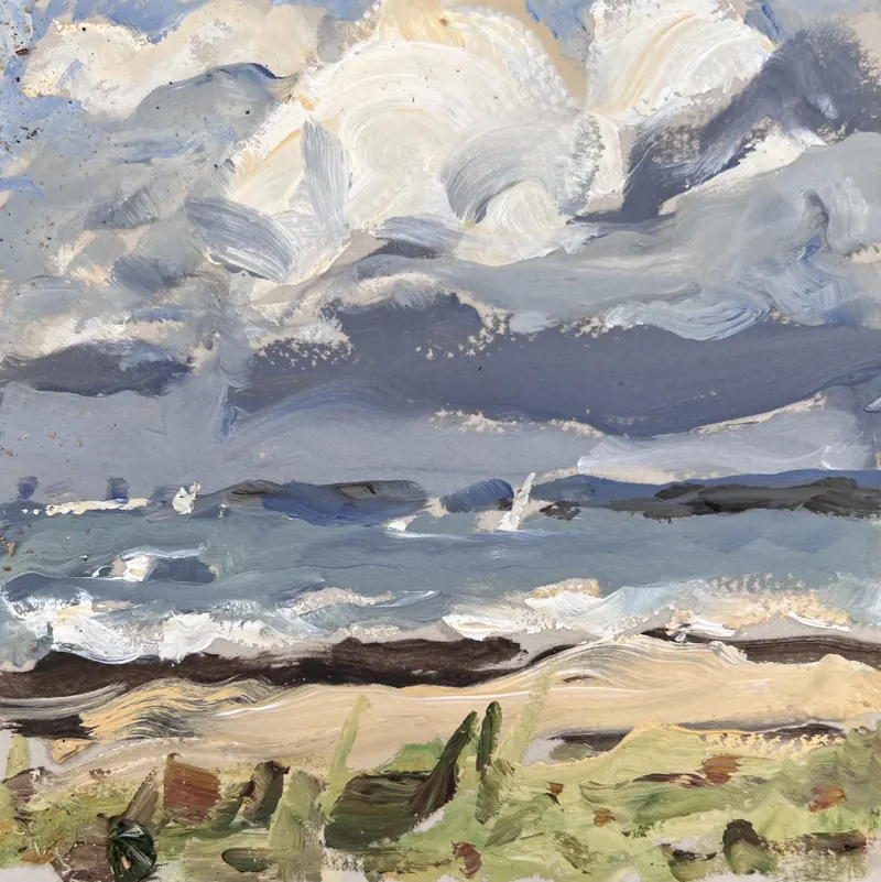 Oil painting of a grey sea under heavy white clouds